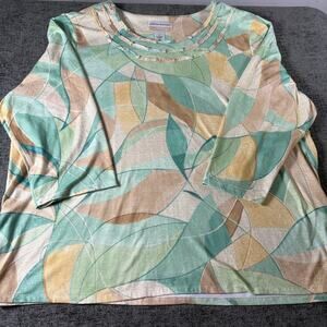 Alfred Dunner 1X Crew Neck 3/4 Sleeve Womens Top Blue, Green & Beige